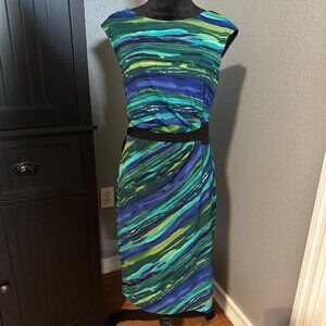 Connected Apparel  Dress Womens Size 10 Blue Green Abstract Modern Chic Artsy